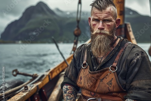 Fierce Viking warrior with tattoos sitting on a traditional wooden boat, dramatic sky © ChaoticMind