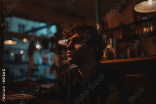 The contemplative silhouette of a solitary man is captured seated in a dimly lit cafe with an evening ambiance