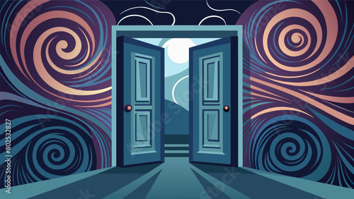 A pair of large metallic double doors leading to a room filled with swirling patterns and a calming meditative soundtrack..
