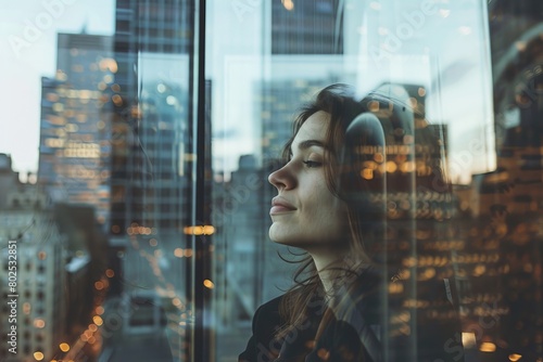 A woman's silhouette reflects on glass overlooking a cityscape, the facial features purposefully disguised in anonymity photo
