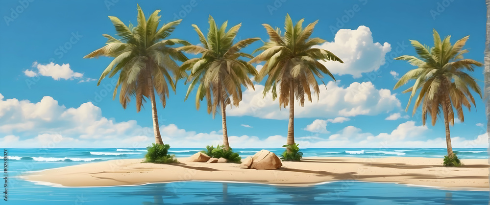 Restful scene of a serene sandy island surrounded by palm trees and a clear blue ocean Restful scene of a serene sandy island surrounded by palm trees and a clear blue ocean