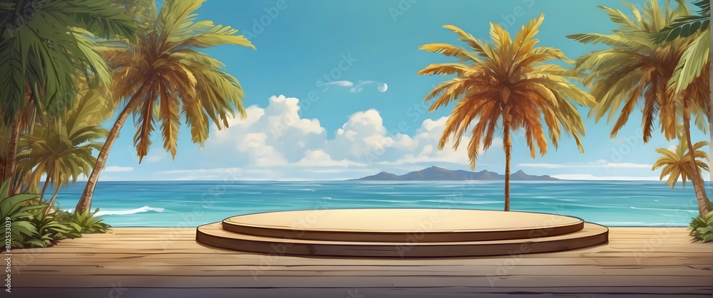 Fototapeta premium A digital illustration depicting a wooden viewing platform overlooking an inviting tropical seascape