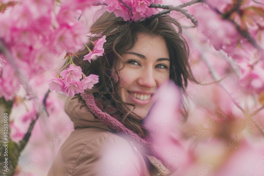 A woman with a warm smile is surrounded by vibrant cherry blossoms, the focus is on her joyful expression A woman with a warm smile is surrounded by vibrant cherry blossoms, the focus is on her joyful expression