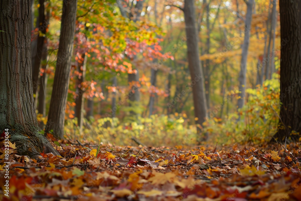 A peaceful forest glade adorned with vibrant autumn leaves.