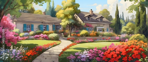 Illustration of an inviting cozy cottage surrounded by an explosion of colorful flowers and a manicured garden path