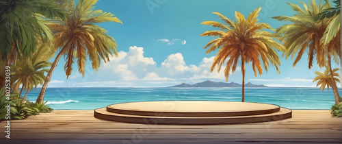 A digital illustration depicting a wooden viewing platform overlooking an inviting tropical seascape