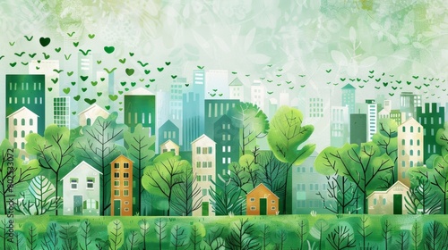 A playful illustration of a clean and green city with the caption We can all make our cities greener one step at a time #GreenCity #SocialMediaCampaign. photo