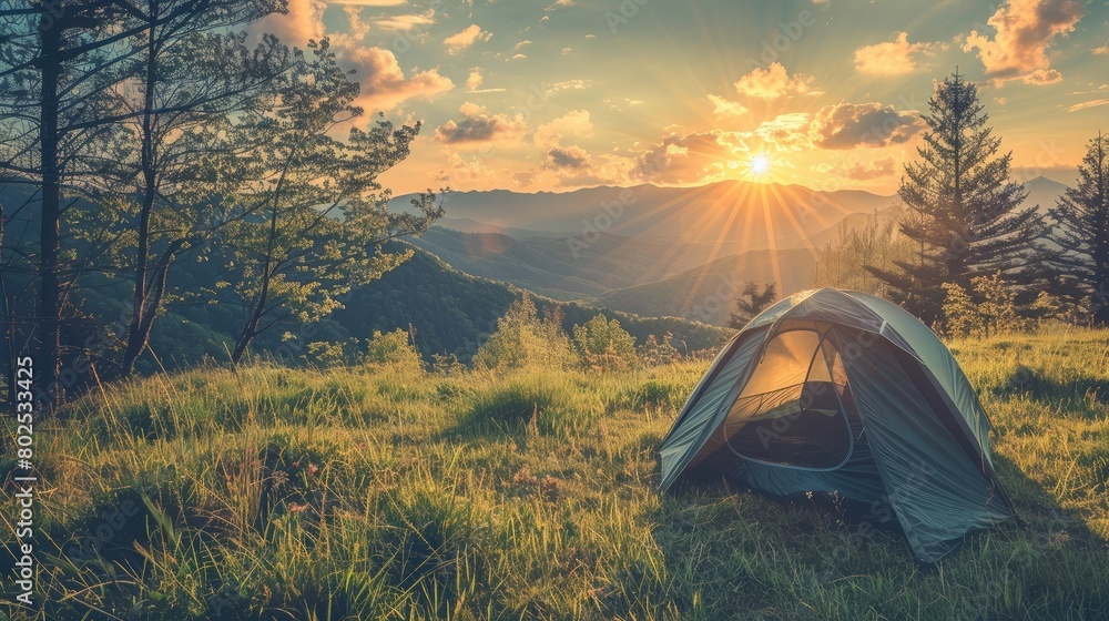 spring camping, sunshine, blue sky, landscape, trees, white clouds, outdoors, grass, mountains, nature, blurred background, forest, horizon, high altitude, God's perspective,