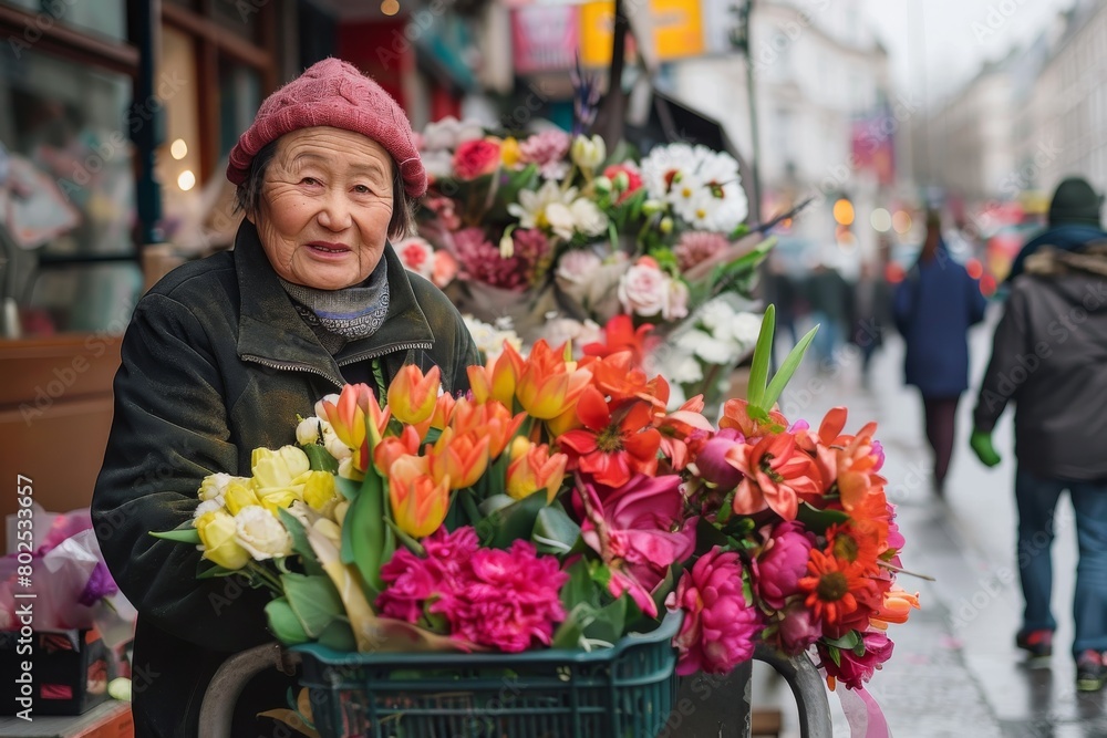 An elderly woman with a red cap smiles while selling colorful flowers on a bustling city street An elderly woman with a red cap smiles while selling colorful flowers on a bustling city street
