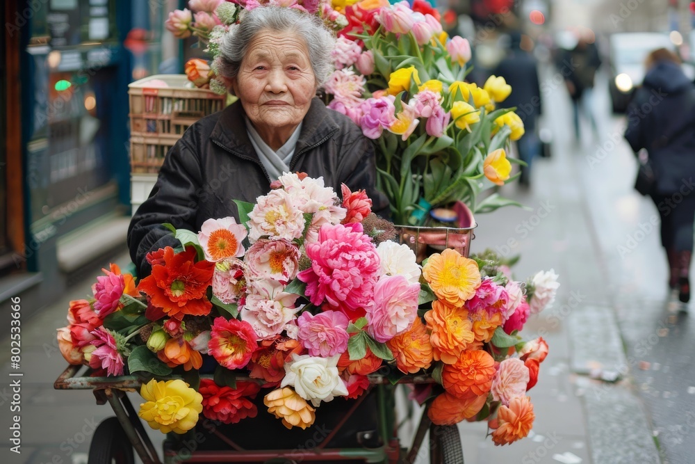 A senior woman pushes a cart filled with vividly colored flowers through an urban setting