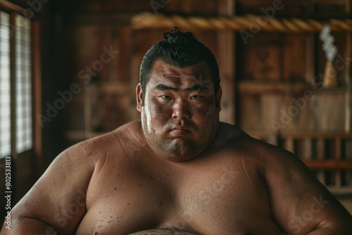 A sumo wrestler's imposing presence is captured, emphasizing the traditional mawashi belt and the sport's cultural significance photo