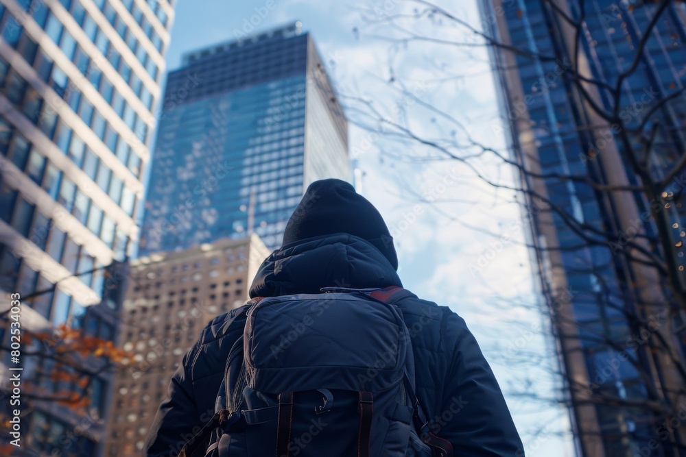A solitary hooded figure stands before the imposing backdrop of urban skyscrapers under a clear blue sky