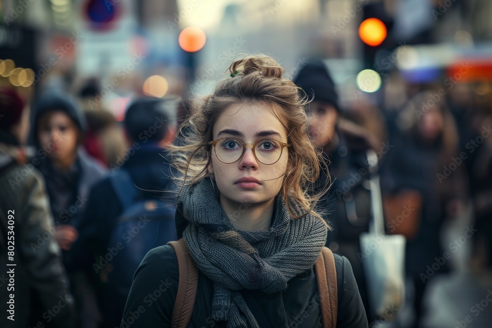 An inquisitive young woman wearing glasses stands amidst a bustling city crowd, her gaze fixed forward