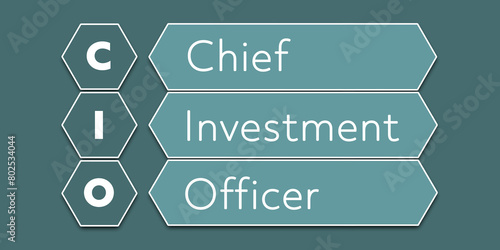 CIO Chief Investment Officer. An Acronym Abbreviation of a financial term. Illustration isolated on cyan blue green background