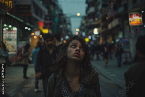 A woman looking upwards, capturing a moment of wonder or discovery while surrounded by the ambience of a dimly lit alleyway