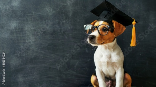 Smart jack russell terrier puppy wearing eyeglasses and graduation hat sits near black chalkboard at school and points away on empty space photo
