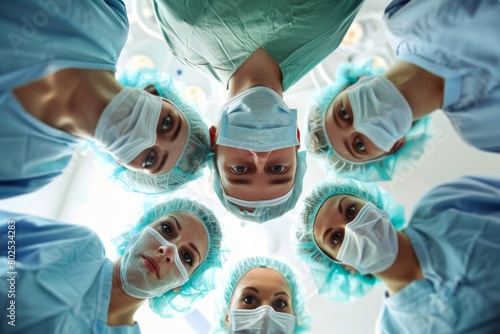 Surgeon team in blue scrubs standing over the patient  the intensity and focus in their eyes  under bright surgical lights
