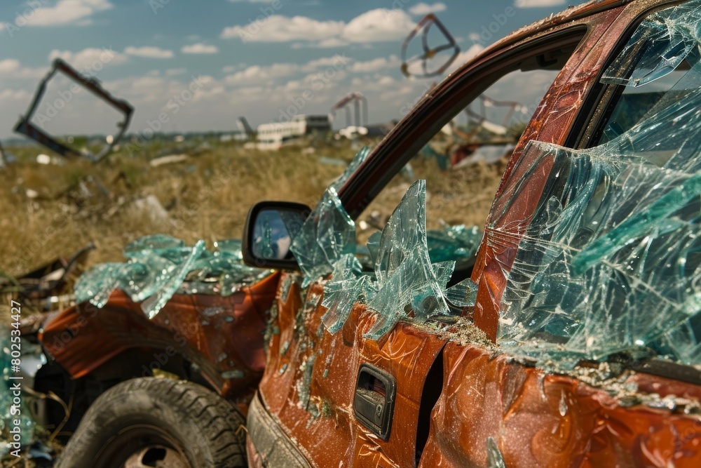 A detailed view of a devastated vehicle, with close focus on the texture and patterns of broken glass and rust, denoting disaster and loss