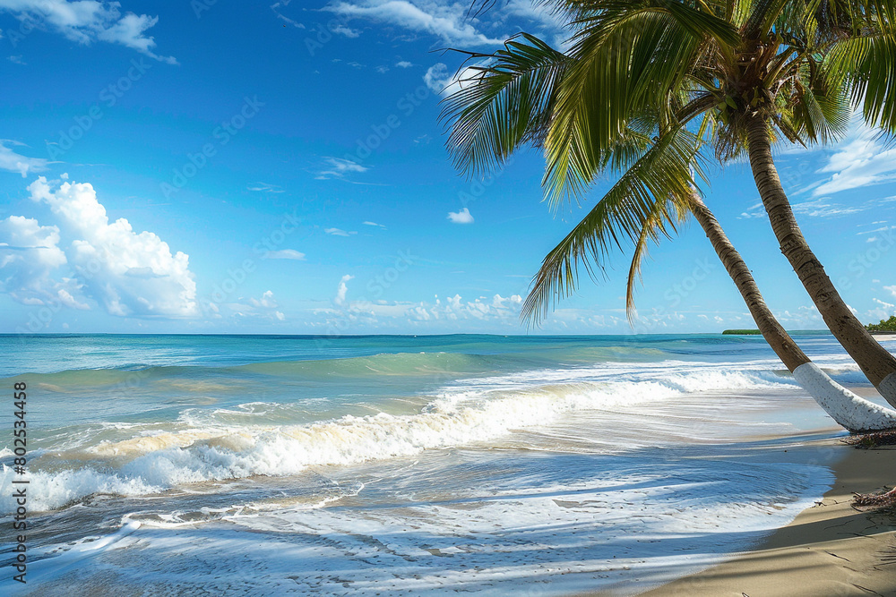 A peaceful beach scene with palm trees and gentle waves