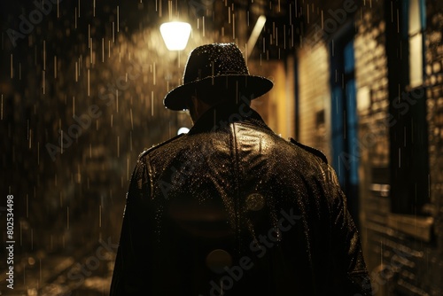 A shadowy figure donned in a raincoat stands in the rain, evoking mystery and solitude
