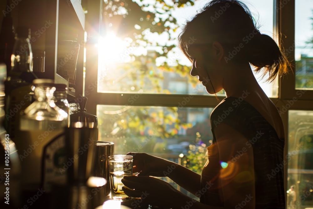 A serene silhouette of a woman, bathed in the warm glow of sunset, enjoys a peaceful moment with a cup of coffee beside a window A serene silhouette of a woman, bathed in the warm glow of sunset, enjoys a peaceful moment with a cup of coffee beside a window