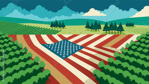 An aerial view of a sprawling field with rows and rows of newly planted trees forming the shape of the American flag. This powerful image reflects the. Vector illustration photo