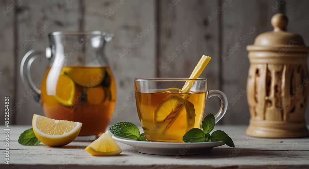 Tea with lemon and mint on a wooden background. Empty space, place for text Tea with lemon and mint on a wooden background. Empty space, place for text