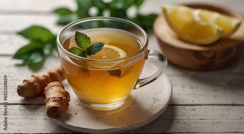 Tea with lemon and mint on a wooden background. Empty space, place for text Tea with lemon and mint on a wooden background. Empty space, place for text