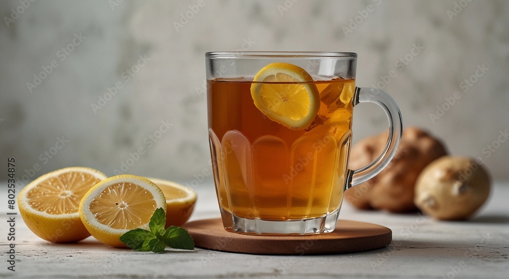 Tea with lemon and mint on a wooden background. Empty space, place for text Tea with lemon and mint on a wooden background. Empty space, place for text