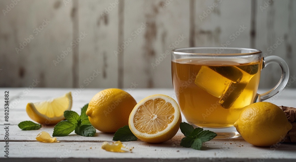 Tea with lemon and mint on a wooden background. Empty space, place for text Tea with lemon and mint on a wooden background. Empty space, place for text