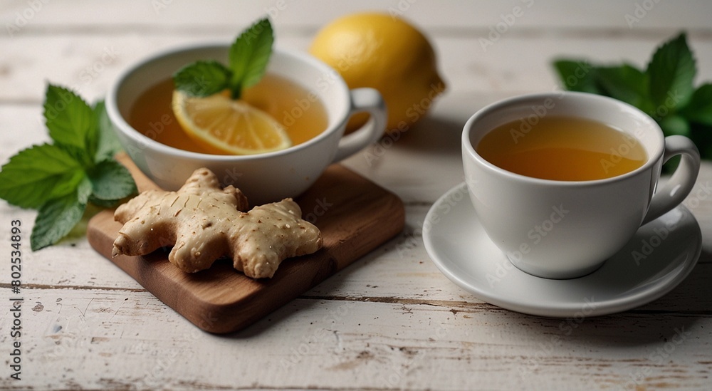 Tea with lemon and mint on a wooden background. Empty space, place for text Tea with lemon and mint on a wooden background. Empty space, place for text
