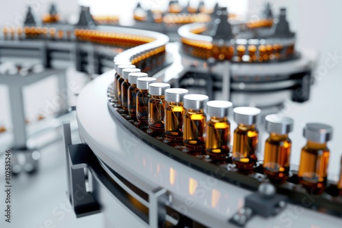 A conveyor belt with many bottles of medicine on it