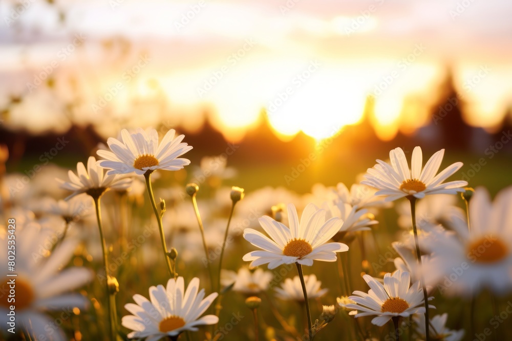 Close-up of white daisy blooms in a field on the setting sun