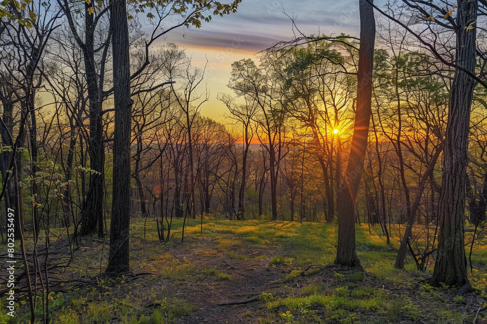 Fototapeta premium A panoramic view of a sunrise casting a warm glow over a tranquil forest.