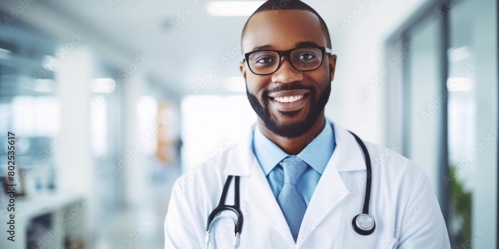A smiling black man wearing a white lab coat and glasses A smiling black man wearing a white lab coat and glasses