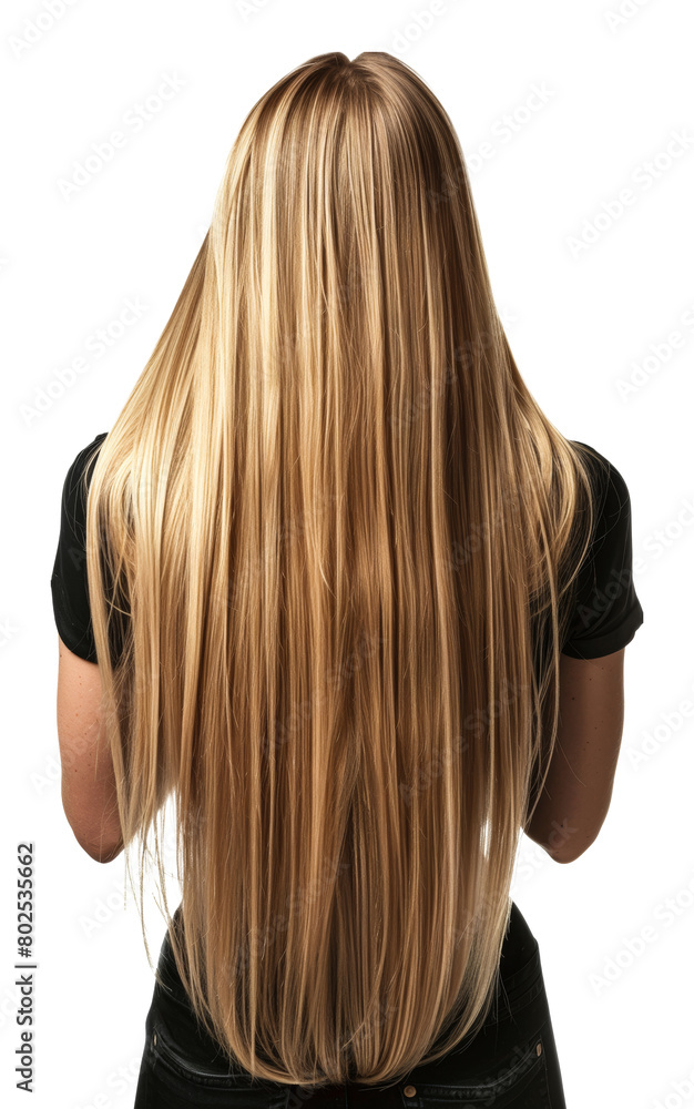 Naklejka premium Rear view of a blonde woman with long flowing hair isolated on transparent background