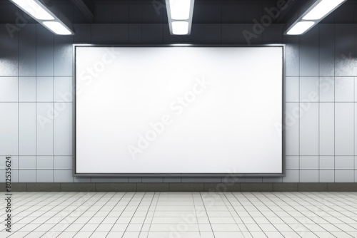 A large white sign is hanging on the wall of a subway station
