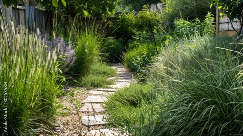 A serene herb garden tucked into a corner of a backyard surrounded by tall grasses and featuring a stone pathway winding through the fragrant plants..