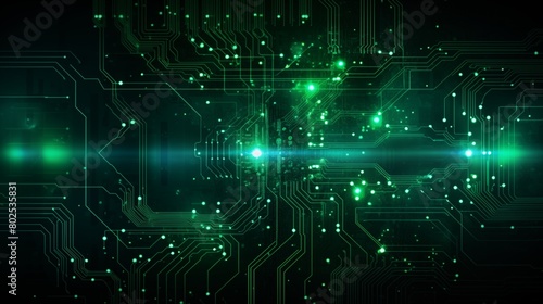 Futuristic Abstract Green Glowing Circuit Board Technology Background.