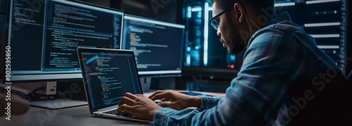 An Internet IT technologist in a data center actively programs and analyzes data to improve security systems and store information in cloud storage. Wide banner