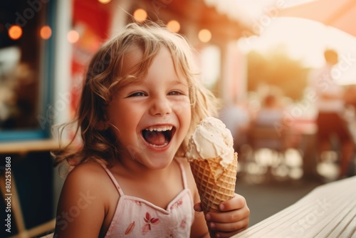 A young girl is holding an ice cream cone and smiling