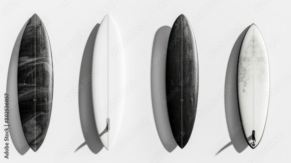 Four surfboards are lined up on a white background Four surfboards are lined up on a white background