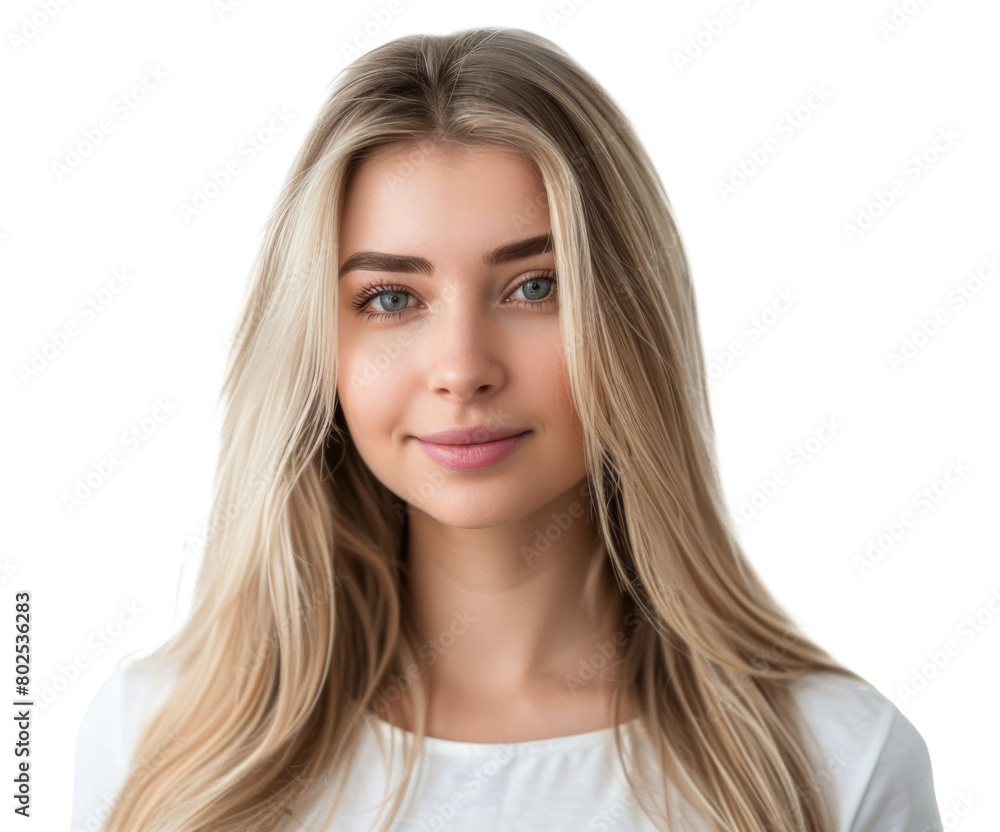 Portrait of a young blonde woman smiling gently isolated on transparent background Portrait of a young blonde woman smiling gently isolated on transparent background