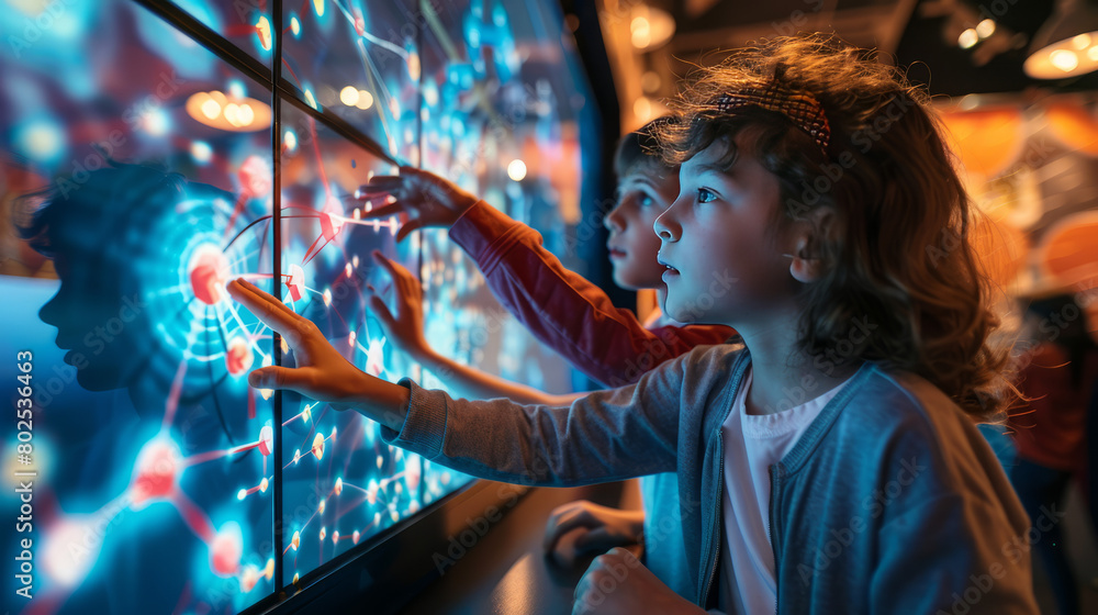 Children of various ages working on a giant interactive display with neural network simulations