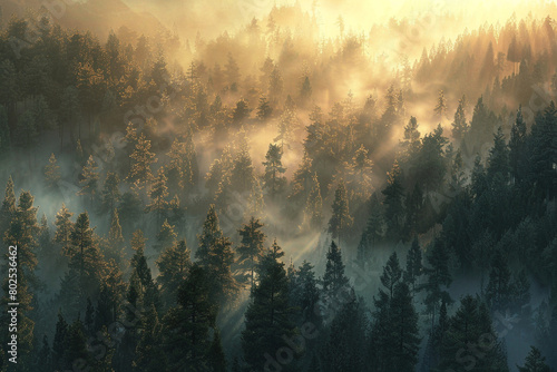 A panoramic view of a mist-covered forest at dawn, with the first rays of sunlight peeking through. photo