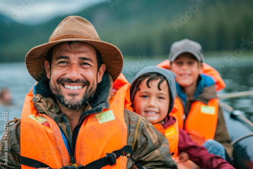 Happy dad in a boat with two sons in a life jacket ride a boat on the lake. Father's day concept, active outdoor recreation with the whole family