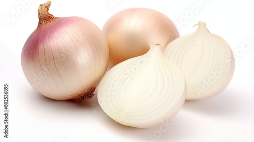 Fresh whole and halved onions on a white background.