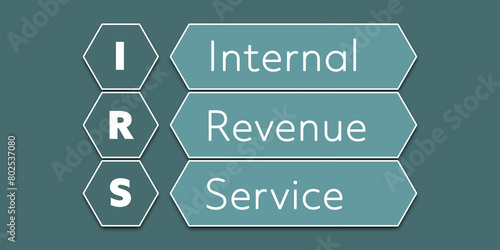 IRS Internal Revenue Service. An Acronym Abbreviation of a financial term. Illustration isolated on cyan blue green background photo