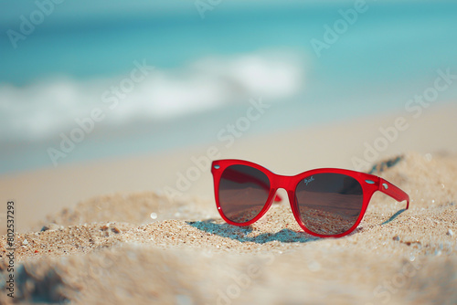 A pair of red sunglasses resting on a sandy beach.