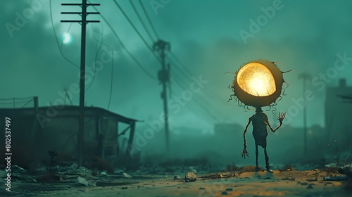 An enigmatic depiction of a bulb-headed character celebrating a victorious cashback win in a surreal, isolated setting photo